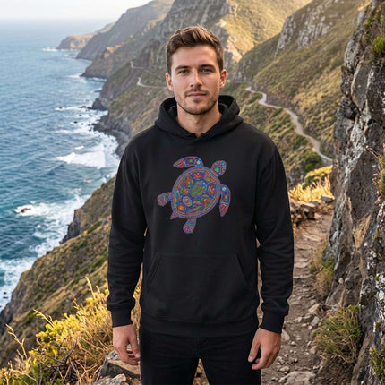 Black hoodie featuring a vibrant Huichol Mexican folk art turtle graphic design.