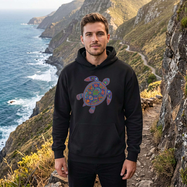 Black hoodie featuring a vibrant Huichol Mexican folk art turtle graphic design.