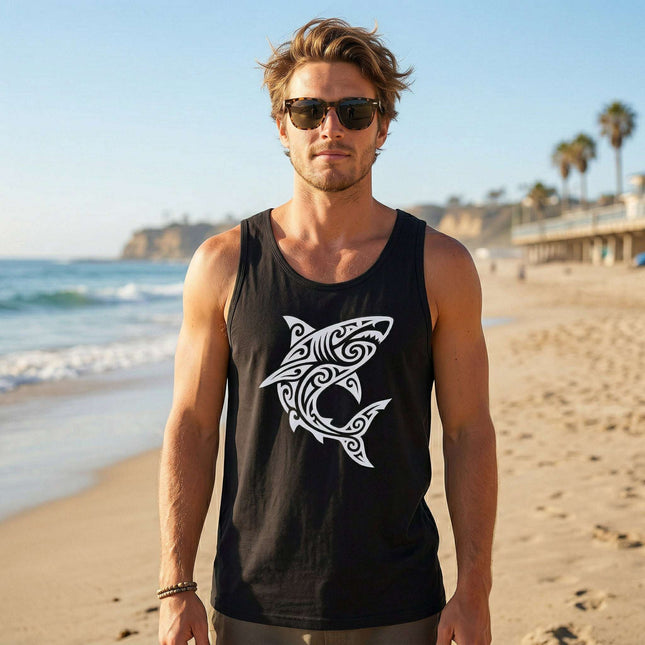 Black tribal shark tank top featuring Polynesian Maori style graphic art.