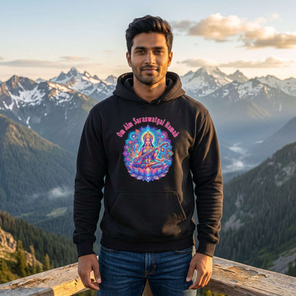 Black hoodie featuring Saraswati Goddess and Om Aim Saraswatyai Namah Hindu mantra art.