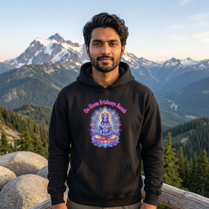 Om Kleem Krishnaya Namah spiritual mandala art on a black pullover hoodie.