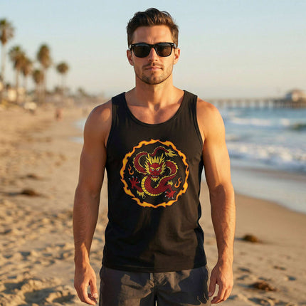 Black tank top featuring a vibrant, fiery East Asian dragon graphic design.