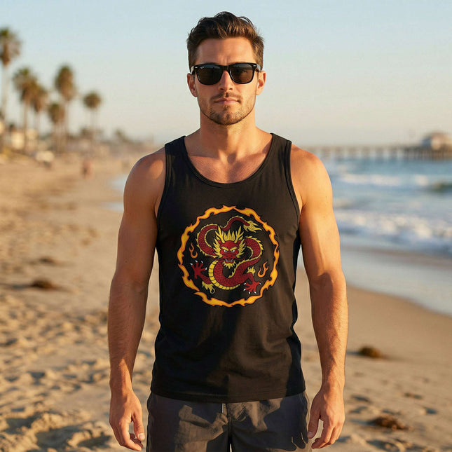 Black tank top featuring a vibrant, fiery East Asian dragon graphic design.