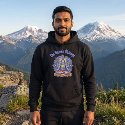 Om Namah Shivaya spiritual hoodie featuring a colorful Lord Shiva mandala graphic.
