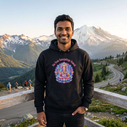 Ganesha mandala hoodie featuring Om Gam Ganapataye Namah mantra art. Spiritual Hindu apparel.