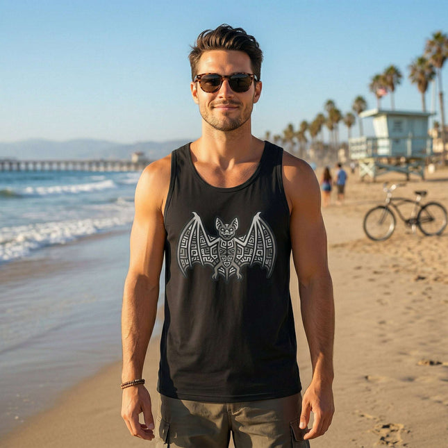 Black graphic tank top featuring a white Mayan Aztec tribal bat symbol design.