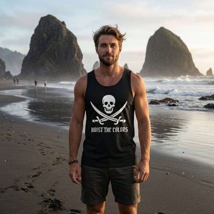Black tank top with skull and crossed swords graphic and "Hoist The Colors" text.