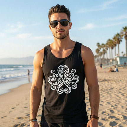 Black tank top featuring a white tribal octopus and celtic knot swirl graphic design.