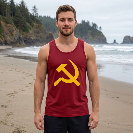 Maroon tank top featuring a yellow hammer and sickle communist symbol graphic.