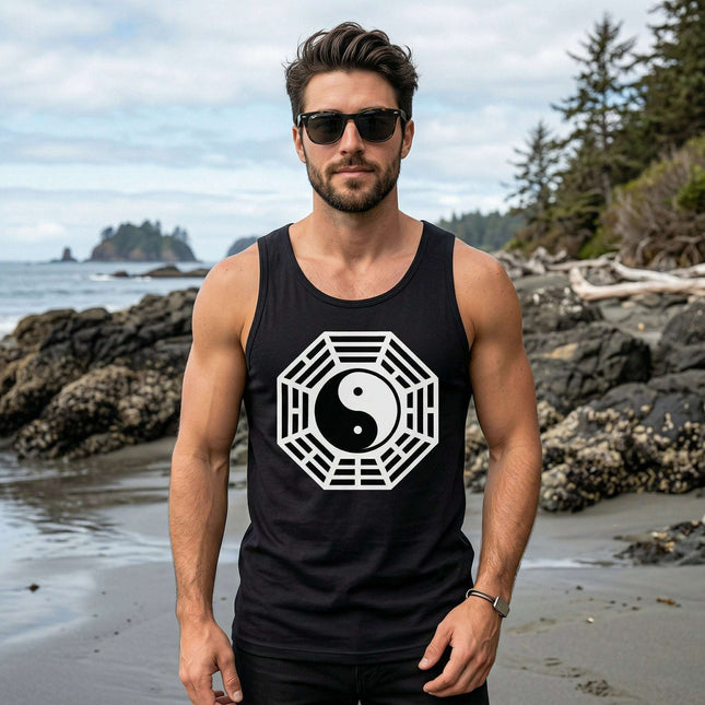 Men's black tank top featuring the white Yin Yang symbol, representing balance and harmony.