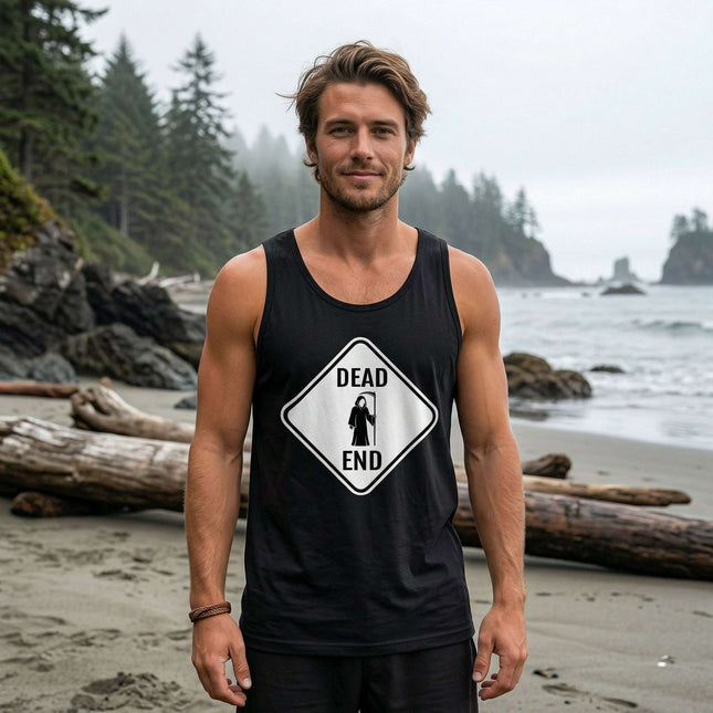 Black tank top featuring a dead end road sign graphic with a grim reaper silhouette.