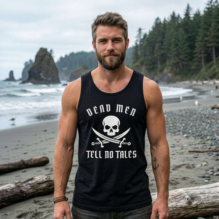 Pirate skull graphic tank top with swords and "Dead Men Tell No Tales" text.