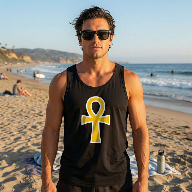Black tank top with gold Ankh symbol, a key of life graphic tee featuring Egyptian culture.