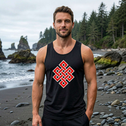 Black tank top featuring a red Endless Knot Buddhist symbol graphic print.