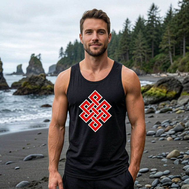 Black tank top featuring a red Endless Knot Buddhist symbol graphic print.