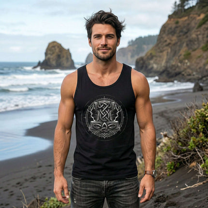 Black Norse knotwork tank top featuring Viking mythology and Thor's symbols.