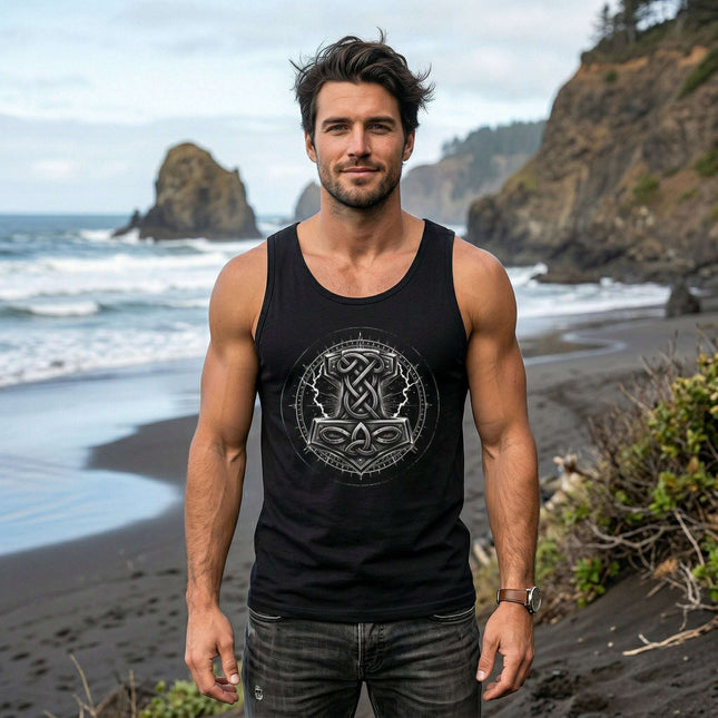 Black Norse knotwork tank top featuring Viking mythology and Thor's symbols.