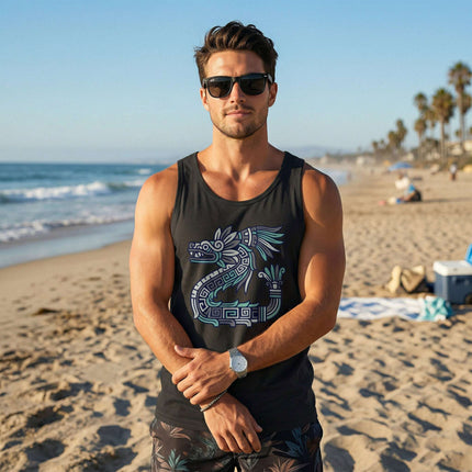 Black tank top featuring an Aztec feathered serpent Quetzalcoatl mythology graphic.