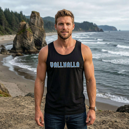 Black tank top featuring "VALHALLA" Norse mythology text. Viking graphic apparel.