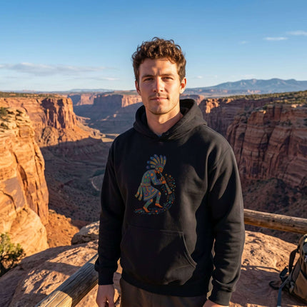 Kokopelli Flute Player hoodie with colorful Native American Southwest art print.