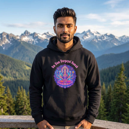 Black hoodie featuring Om Dum Durgayei Namah mantra and vibrant Durga Goddess mandala.