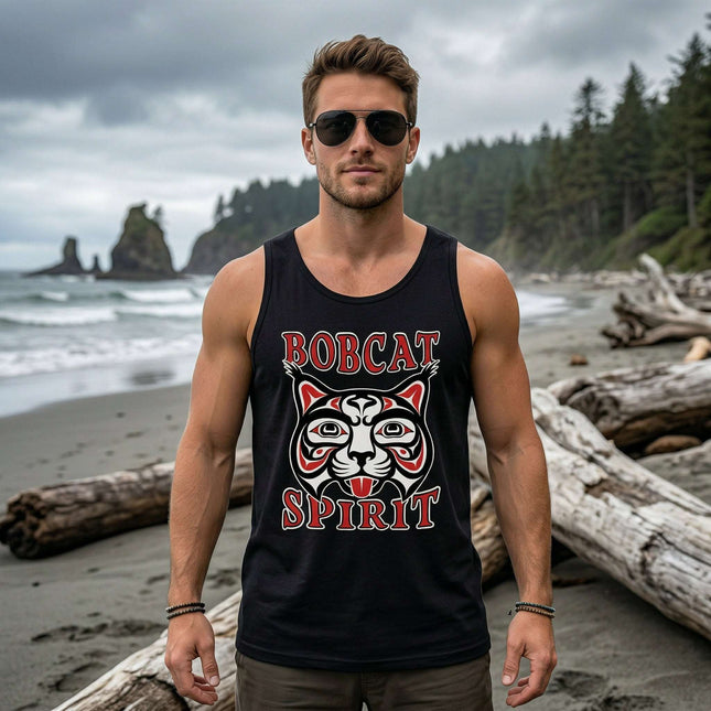Black tank top featuring red bobcat tribal art and "BOBCAT SPIRIT" text.