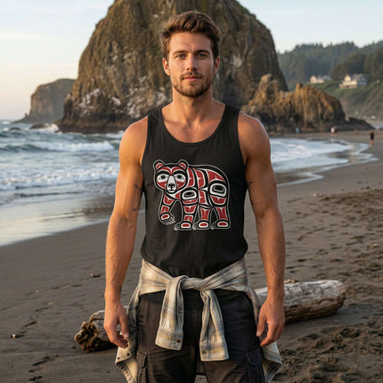 Black tank top featuring red and black Formline Bear indigenous art graphic.