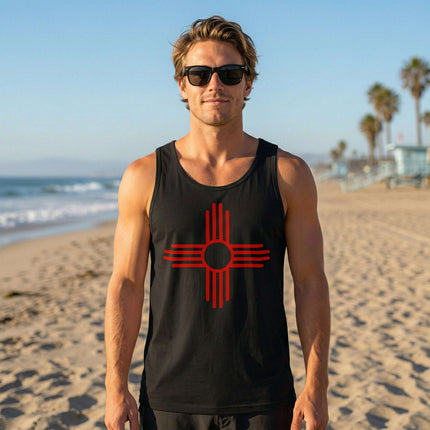 Black tank top featuring the red Zia Sun Symbol graphic, celebrating Southwestern Native American culture.