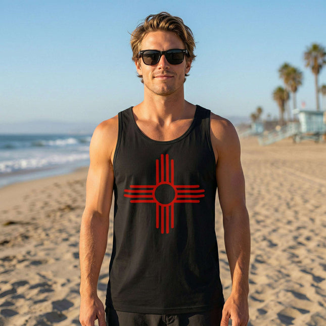 Black tank top featuring the red Zia Sun Symbol graphic, celebrating Southwestern Native American culture.