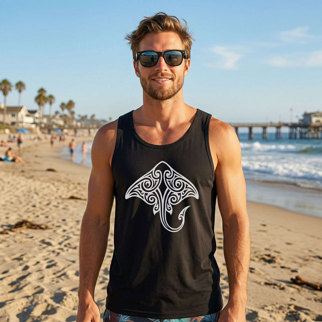Black unisex tank top with white Polynesian tribal stingray art.