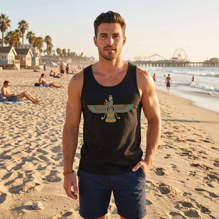 Black men's Faravahar symbol tank top with Zoroastrian Persian heritage graphic.