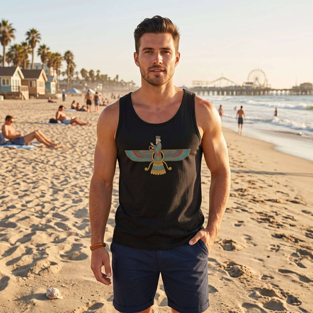 Black men's Faravahar symbol tank top with Zoroastrian Persian heritage graphic.
