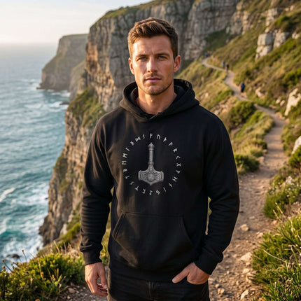 Viking Norse mythology Mjolnir Thor's Hammer runic hoodie for men.