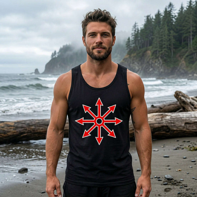 Black tank top with a bold red occult star symbol graphic print.