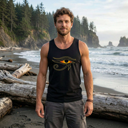 Black tank top with gold Eye of Ra Egyptian mythology symbol graphic.