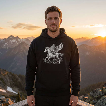 Pegasus winged horse graphic on a black Greek mythology pullover hoodie.
