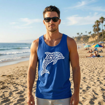 Blue tank top featuring a white tribal dolphin graphic. Celtic ocean marine life apparel.