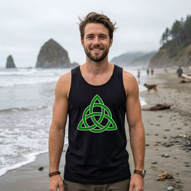 Green Triquetra Celtic knot on a black men's tank top.