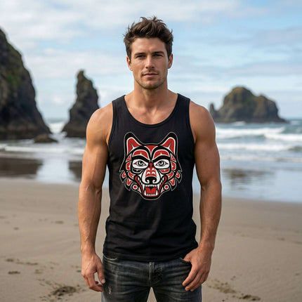 Black tank top featuring Pacific Northwest formline art of a stylized wolf head graphic.