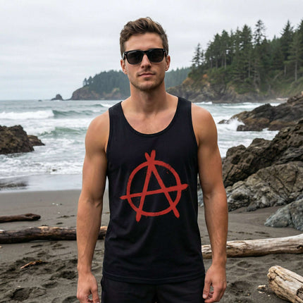 Black tank top with red anarchy symbol graphic. Punk streetwear style.