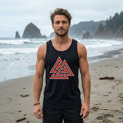 Black tank top featuring the red Valknut symbol, a Norse mythology design.