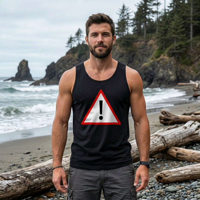 Black tank top featuring a red warning triangle and exclamation mark graphic.