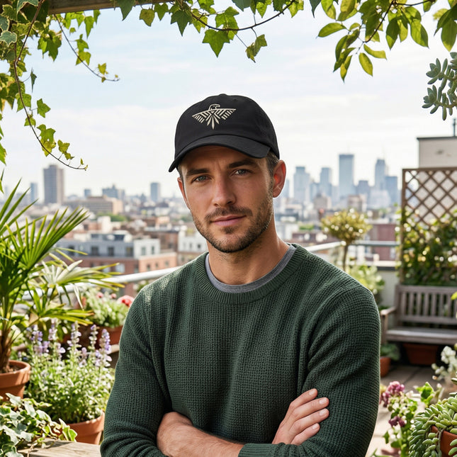 Embroidered black baseball cap featuring the Thunderbird symbol.
