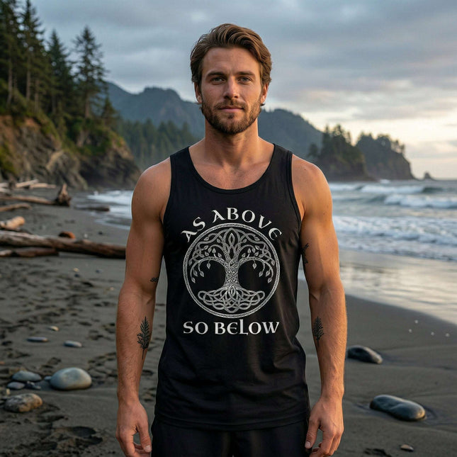 Black unisex tank top featuring the Celtic Tree of Life graphic and "As Above So Below" spiritual symbolism.
