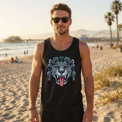 Mayan Jaguar symbol graphic on a black men's tank top featuring ancient Mesoamerican art.