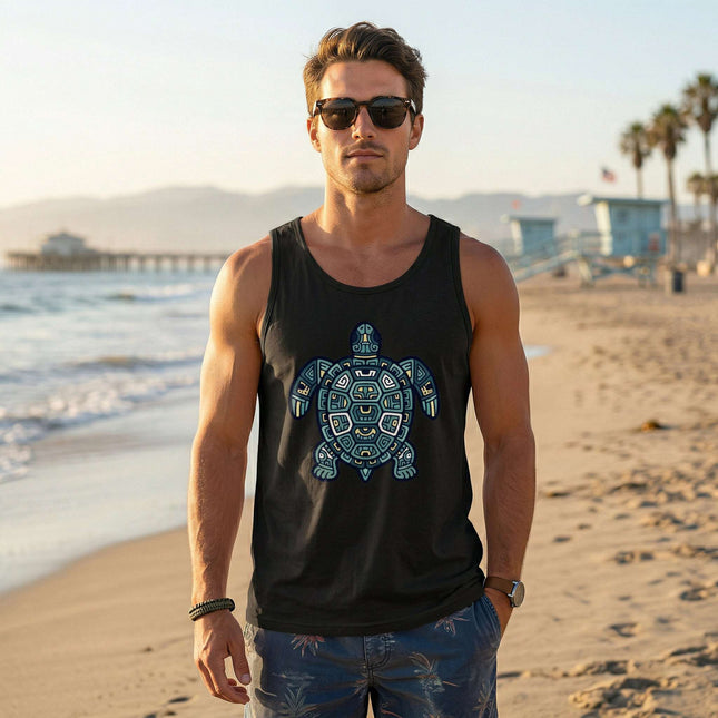 Black tank top featuring a blue geometric tribal Mayan sea turtle graphic design.