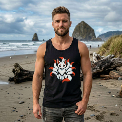 Nine-tailed Kitsune fox graphic on a black tank top, featuring Japanese mythology art.