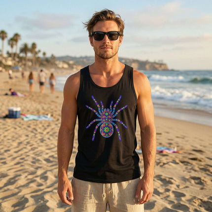 Black tank top featuring a colorful Huichol tarantula mandala print in Mexican folk art style.