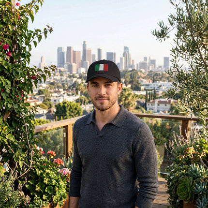 Black baseball cap featuring an embroidered Italian flag for national pride.