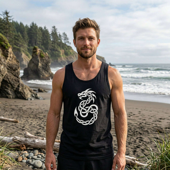 Black knotwork dragon tank top featuring Celtic mythical creature symbolism.
